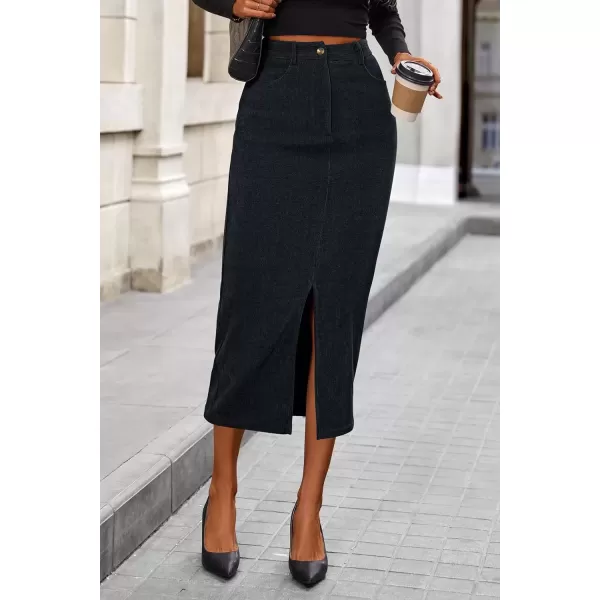 imagePRETTYGARDEN Womens Fall Midi Pencil Skirts Dressy Casual Work Office High Waisted Long Slit Corduroy SkirtDark Grey
