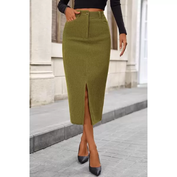 imagePRETTYGARDEN Womens Fall Midi Pencil Skirts Dressy Casual Work Office High Waisted Long Slit Corduroy SkirtGreen