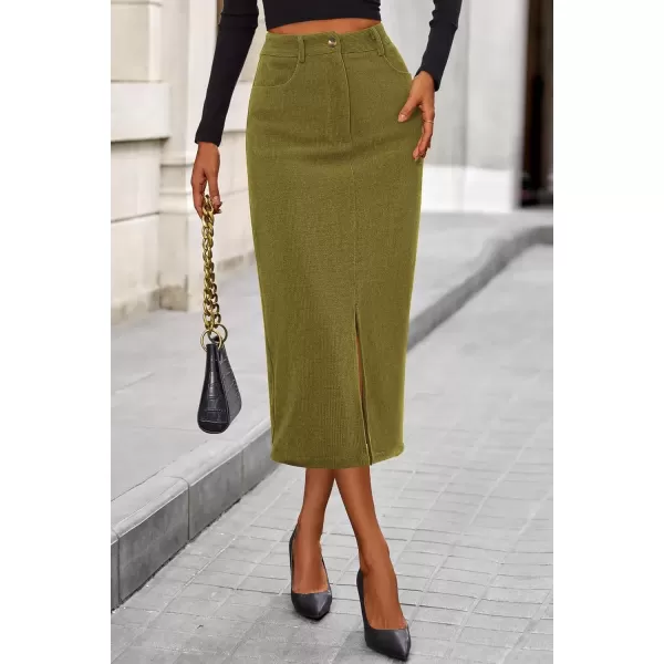 imagePRETTYGARDEN Womens Fall Midi Pencil Skirts Dressy Casual Work Office High Waisted Long Slit Corduroy SkirtGreen