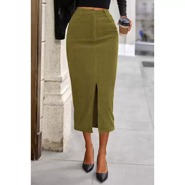 imagePRETTYGARDEN Womens Fall Midi Pencil Skirts Dressy Casual Work Office High Waisted Long Slit Corduroy SkirtGreen