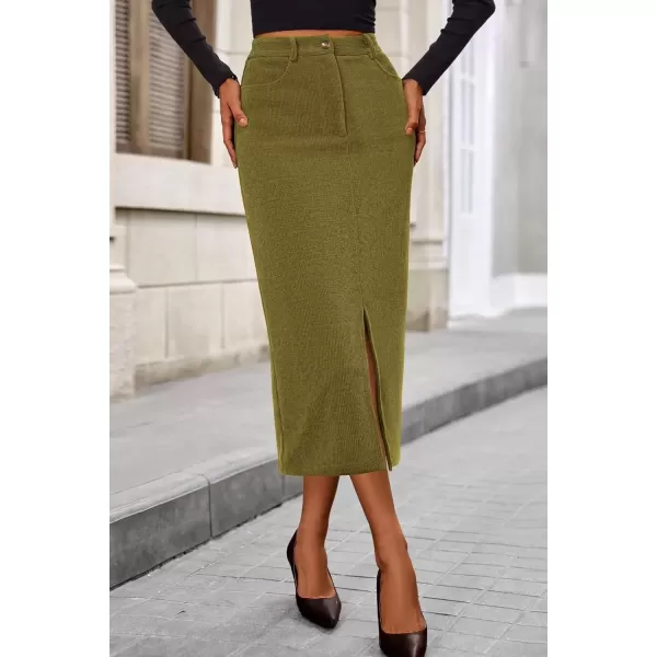 imagePRETTYGARDEN Womens Fall Midi Pencil Skirts Dressy Casual Work Office High Waisted Long Slit Corduroy SkirtGreen