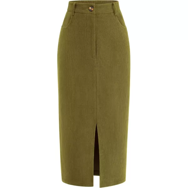 imagePRETTYGARDEN Womens Fall Midi Pencil Skirts Dressy Casual Work Office High Waisted Long Slit Corduroy SkirtGreen