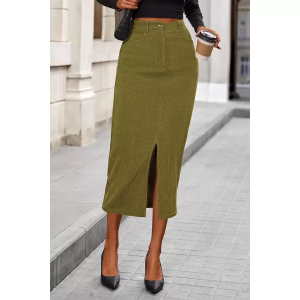 imagePRETTYGARDEN Womens Fall Midi Pencil Skirts Dressy Casual Work Office High Waisted Long Slit Corduroy SkirtGreen