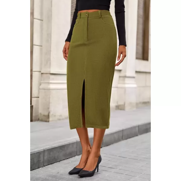 imagePRETTYGARDEN Womens Fall Midi Pencil Skirts Dressy Casual Work Office High Waisted Long Slit Corduroy SkirtGreen