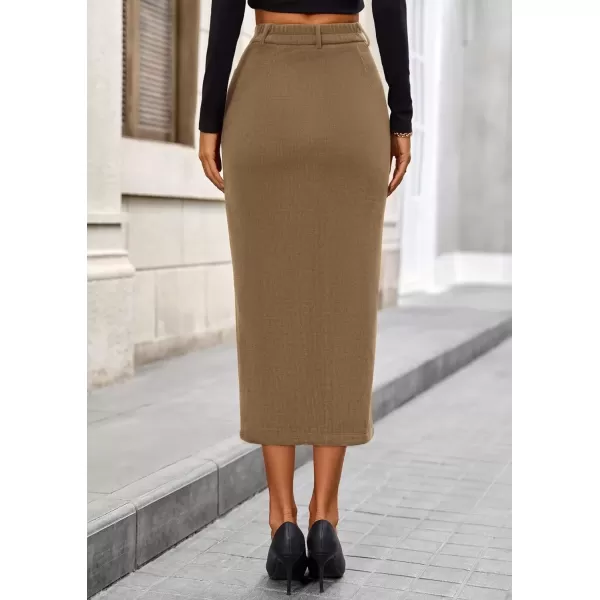imagePRETTYGARDEN Womens Fall Midi Pencil Skirts Dressy Casual Work Office High Waisted Long Slit Corduroy SkirtKhaki