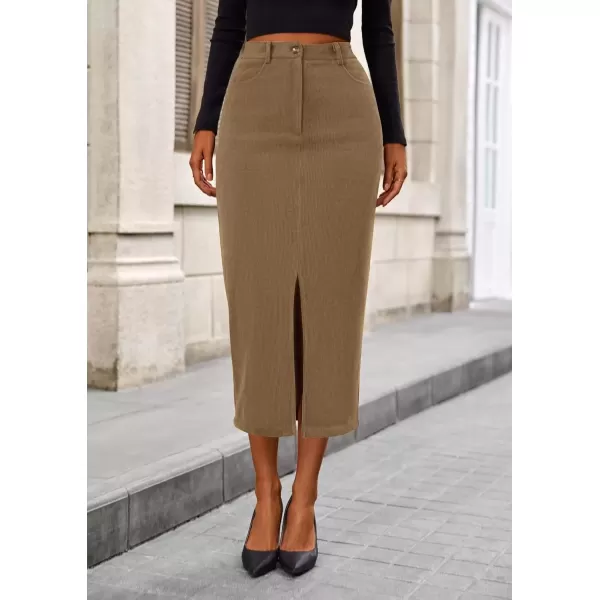 imagePRETTYGARDEN Womens Fall Midi Pencil Skirts Dressy Casual Work Office High Waisted Long Slit Corduroy SkirtKhaki