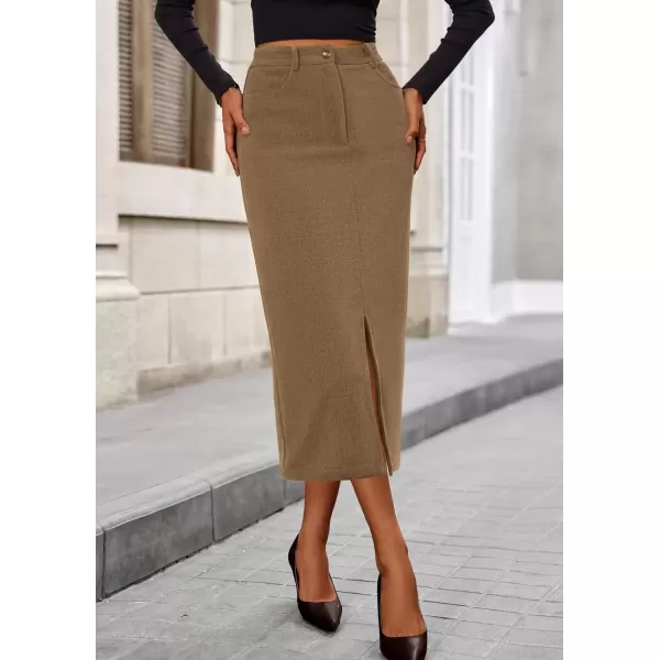 imagePRETTYGARDEN Womens Fall Midi Pencil Skirts Dressy Casual Work Office High Waisted Long Slit Corduroy SkirtKhaki