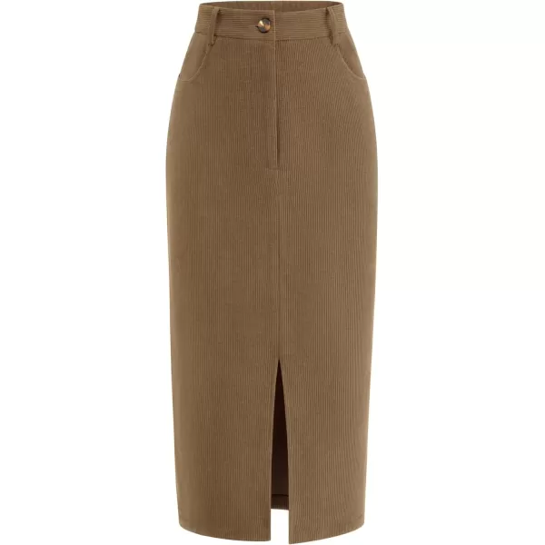 imagePRETTYGARDEN Womens Fall Midi Pencil Skirts Dressy Casual Work Office High Waisted Long Slit Corduroy SkirtKhaki