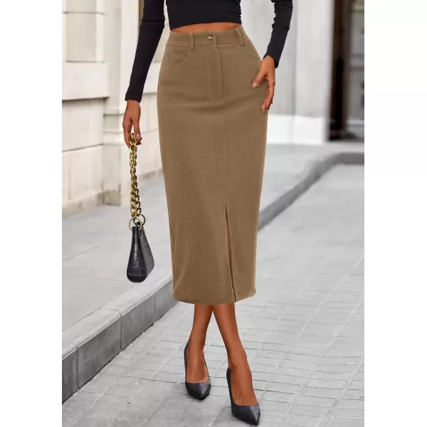 imagePRETTYGARDEN Womens Fall Midi Pencil Skirts Dressy Casual Work Office High Waisted Long Slit Corduroy SkirtKhaki
