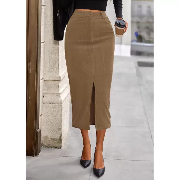 imagePRETTYGARDEN Womens Fall Midi Pencil Skirts Dressy Casual Work Office High Waisted Long Slit Corduroy SkirtKhaki