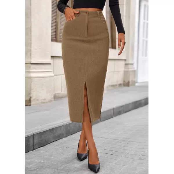 imagePRETTYGARDEN Womens Fall Midi Pencil Skirts Dressy Casual Work Office High Waisted Long Slit Corduroy SkirtKhaki