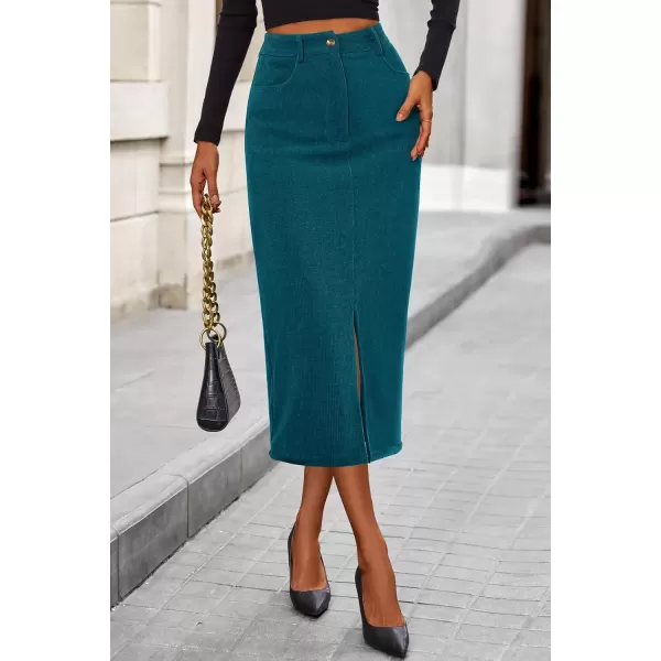 imagePRETTYGARDEN Womens Fall Midi Pencil Skirts Dressy Casual Work Office High Waisted Long Slit Corduroy SkirtLake Blue