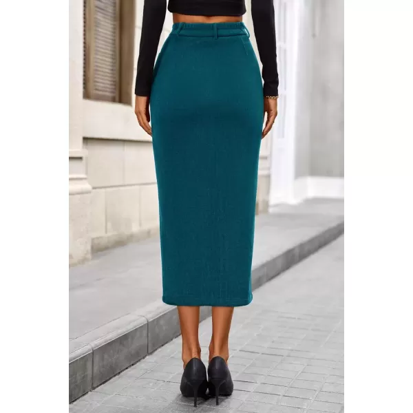 imagePRETTYGARDEN Womens Fall Midi Pencil Skirts Dressy Casual Work Office High Waisted Long Slit Corduroy SkirtLake Blue