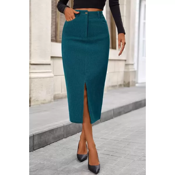 imagePRETTYGARDEN Womens Fall Midi Pencil Skirts Dressy Casual Work Office High Waisted Long Slit Corduroy SkirtLake Blue