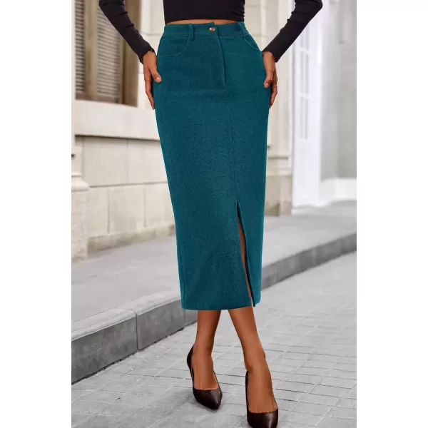 imagePRETTYGARDEN Womens Fall Midi Pencil Skirts Dressy Casual Work Office High Waisted Long Slit Corduroy SkirtLake Blue