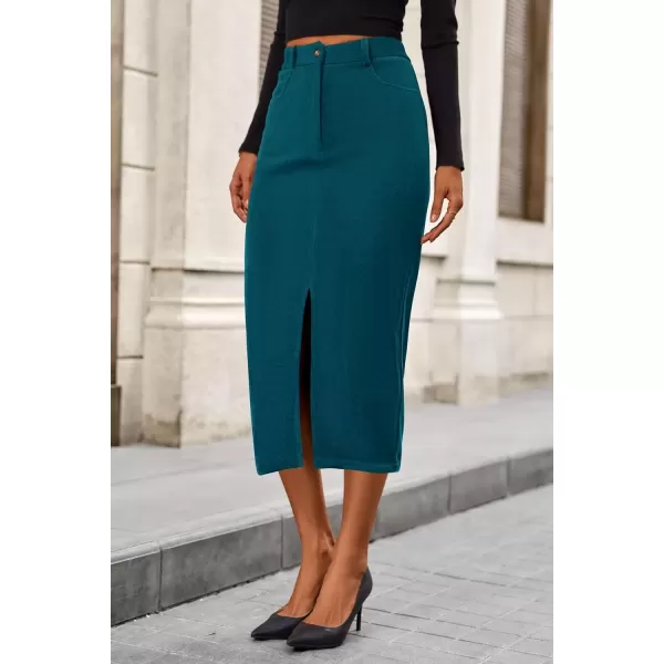 imagePRETTYGARDEN Womens Fall Midi Pencil Skirts Dressy Casual Work Office High Waisted Long Slit Corduroy SkirtLake Blue