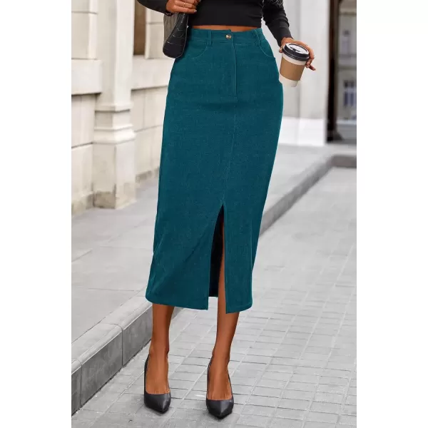 imagePRETTYGARDEN Womens Fall Midi Pencil Skirts Dressy Casual Work Office High Waisted Long Slit Corduroy SkirtLake Blue