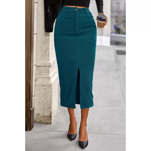 imagePRETTYGARDEN Womens Fall Midi Pencil Skirts Dressy Casual Work Office High Waisted Long Slit Corduroy SkirtLake Blue