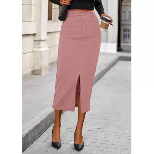 imagePRETTYGARDEN Womens Fall Midi Pencil Skirts Dressy Casual Work Office High Waisted Long Slit Corduroy SkirtPink