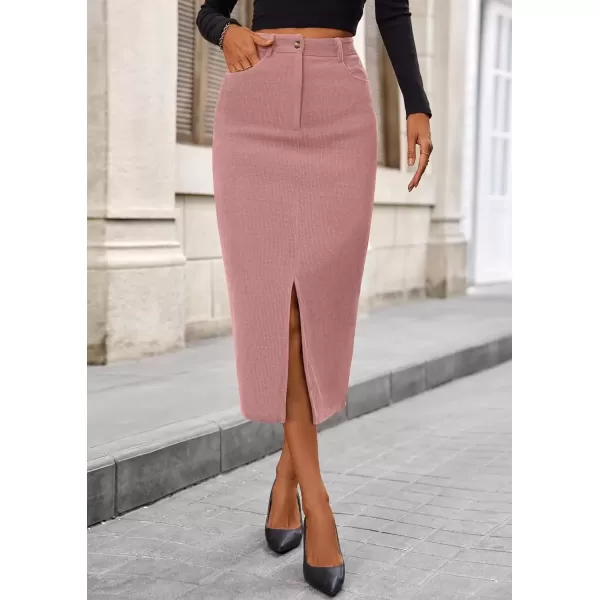 imagePRETTYGARDEN Womens Fall Midi Pencil Skirts Dressy Casual Work Office High Waisted Long Slit Corduroy SkirtPink