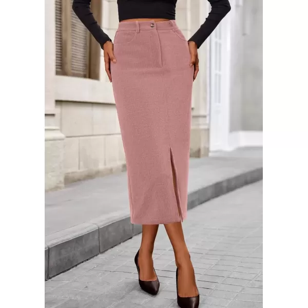 imagePRETTYGARDEN Womens Fall Midi Pencil Skirts Dressy Casual Work Office High Waisted Long Slit Corduroy SkirtPink