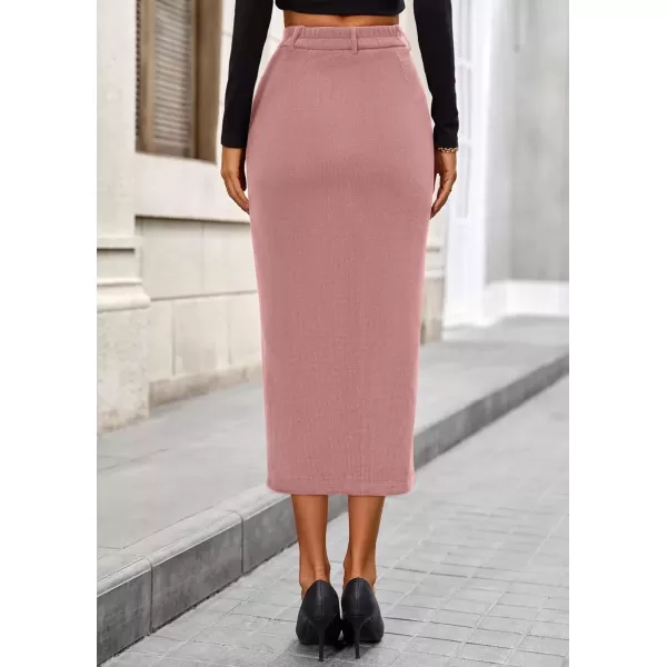 imagePRETTYGARDEN Womens Fall Midi Pencil Skirts Dressy Casual Work Office High Waisted Long Slit Corduroy SkirtPink