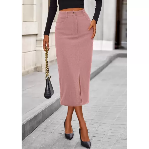 imagePRETTYGARDEN Womens Fall Midi Pencil Skirts Dressy Casual Work Office High Waisted Long Slit Corduroy SkirtPink