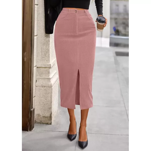 imagePRETTYGARDEN Womens Fall Midi Pencil Skirts Dressy Casual Work Office High Waisted Long Slit Corduroy SkirtPink