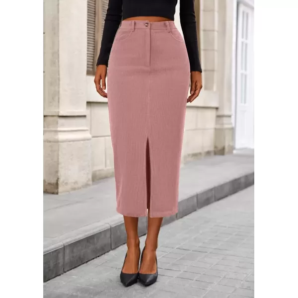 imagePRETTYGARDEN Womens Fall Midi Pencil Skirts Dressy Casual Work Office High Waisted Long Slit Corduroy SkirtPink