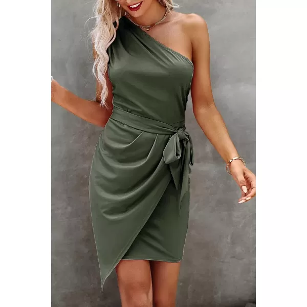 imagePRETTYGARDEN Womens Fashion One Shoulder Ruched Bodycon Fitted Cocktail Party Mini DressArmy Green