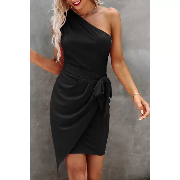 imagePRETTYGARDEN Womens Fashion One Shoulder Ruched Bodycon Fitted Cocktail Party Mini DressBlack