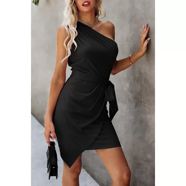 imagePRETTYGARDEN Womens Fashion One Shoulder Ruched Bodycon Fitted Cocktail Party Mini DressBlack