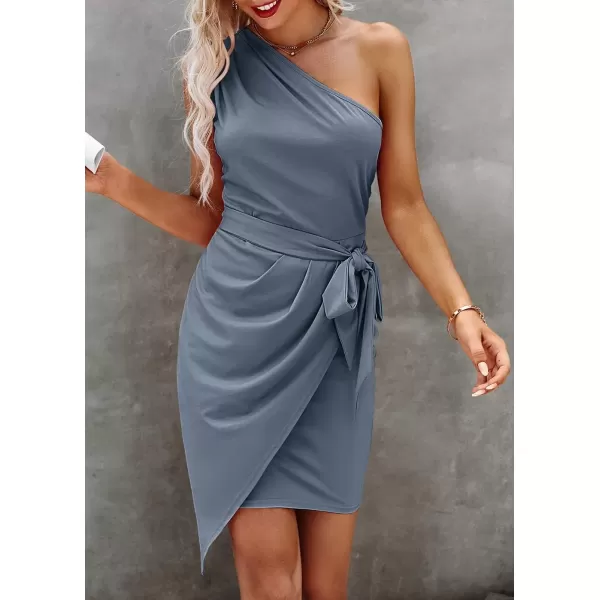 imagePRETTYGARDEN Womens Fashion One Shoulder Ruched Bodycon Fitted Cocktail Party Mini DressDark Blue