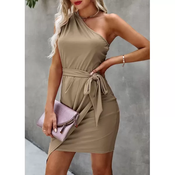 imagePRETTYGARDEN Womens Fashion One Shoulder Ruched Bodycon Fitted Cocktail Party Mini DressDark Khaki