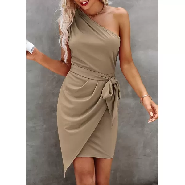 imagePRETTYGARDEN Womens Fashion One Shoulder Ruched Bodycon Fitted Cocktail Party Mini DressDark Khaki