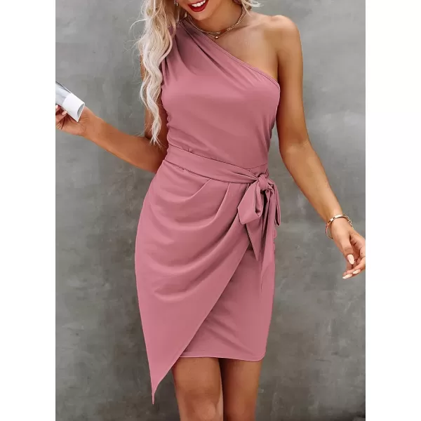 imagePRETTYGARDEN Womens Fashion One Shoulder Ruched Bodycon Fitted Cocktail Party Mini DressDusty Pink
