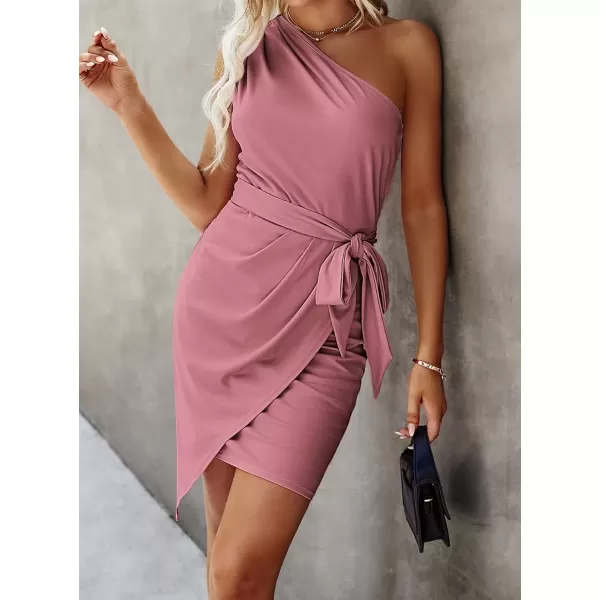 imagePRETTYGARDEN Womens Fashion One Shoulder Ruched Bodycon Fitted Cocktail Party Mini DressDusty Pink