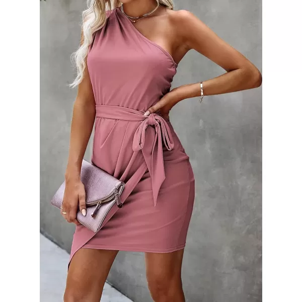 imagePRETTYGARDEN Womens Fashion One Shoulder Ruched Bodycon Fitted Cocktail Party Mini DressDusty Pink