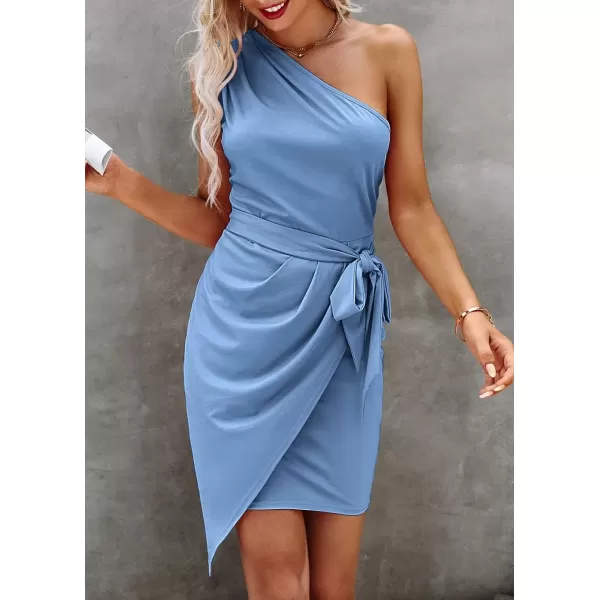 imagePRETTYGARDEN Womens Fashion One Shoulder Ruched Bodycon Fitted Cocktail Party Mini DressGrey Blue
