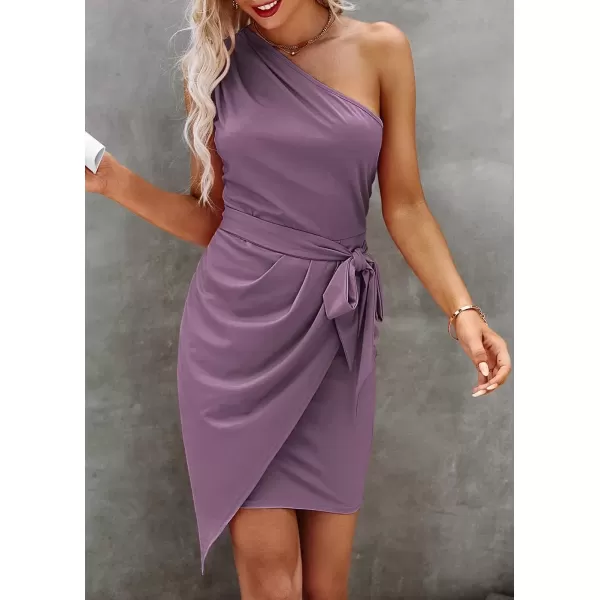 imagePRETTYGARDEN Womens Fashion One Shoulder Ruched Bodycon Fitted Cocktail Party Mini DressGrey Purple