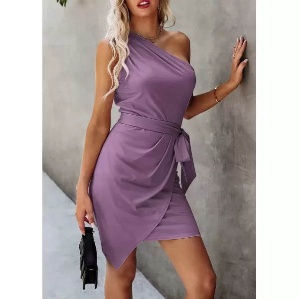 imagePRETTYGARDEN Womens Fashion One Shoulder Ruched Bodycon Fitted Cocktail Party Mini DressGrey Purple