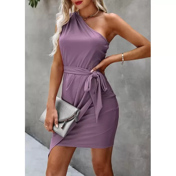 imagePRETTYGARDEN Womens Fashion One Shoulder Ruched Bodycon Fitted Cocktail Party Mini DressGrey Purple