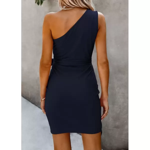 imagePRETTYGARDEN Womens Fashion One Shoulder Ruched Bodycon Fitted Cocktail Party Mini DressNavy