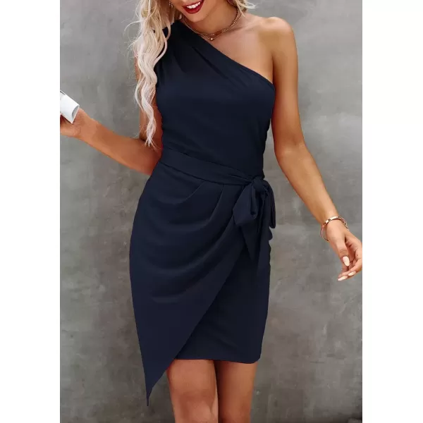 imagePRETTYGARDEN Womens Fashion One Shoulder Ruched Bodycon Fitted Cocktail Party Mini DressNavy
