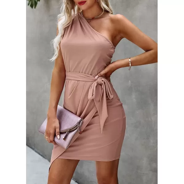 imagePRETTYGARDEN Womens Fashion One Shoulder Ruched Bodycon Fitted Cocktail Party Mini DressNude Pink
