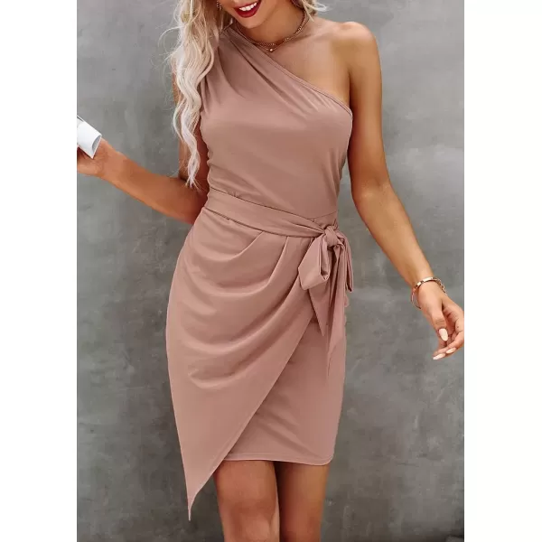 imagePRETTYGARDEN Womens Fashion One Shoulder Ruched Bodycon Fitted Cocktail Party Mini DressNude Pink