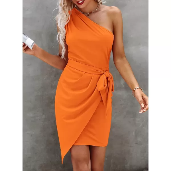 imagePRETTYGARDEN Womens Fashion One Shoulder Ruched Bodycon Fitted Cocktail Party Mini DressOrange