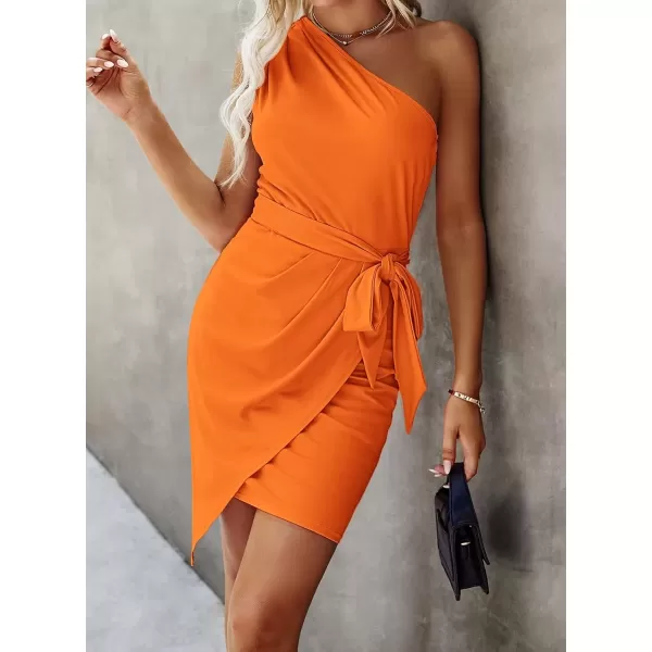 imagePRETTYGARDEN Womens Fashion One Shoulder Ruched Bodycon Fitted Cocktail Party Mini DressOrange