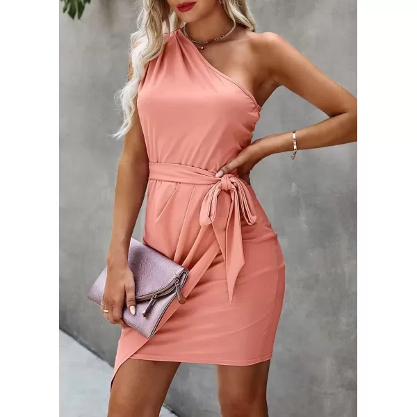 imagePRETTYGARDEN Womens Fashion One Shoulder Ruched Bodycon Fitted Cocktail Party Mini DressPink