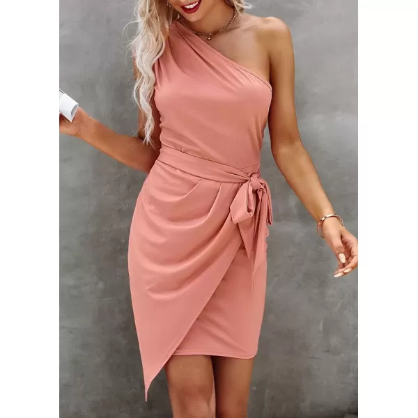 imagePRETTYGARDEN Womens Fashion One Shoulder Ruched Bodycon Fitted Cocktail Party Mini DressPink